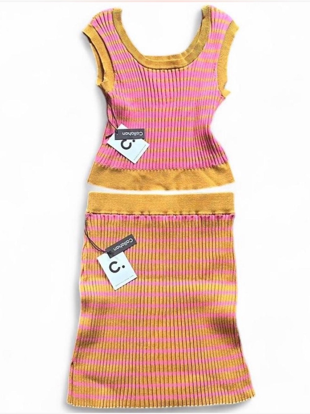 Callahan Ribbed Knit Colorblock Two-Piece Matching Set in Pink & Ochre